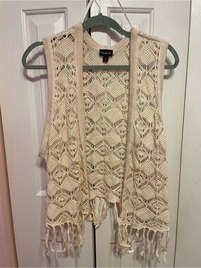 torrid cream crochet fringe open-front vest